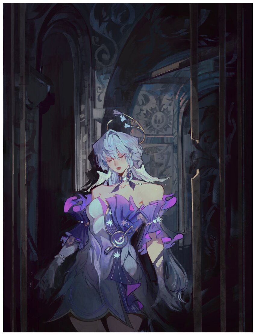1girl bare_shoulders closed_eyes cowboy_shot detached_sleeves dress gloves highres honkai:_star_rail honkai_(series) robin_(honkai:_star_rail) shatukawa solo standing