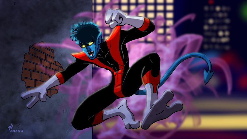1boy black_bodysuit blue_hair blue_skin bodysuit clenched_hand colored_skin commentary demon_tail english_commentary full_body gloves highres icecypher male_focus marvel nightcrawler open_mouth pointy_ears red_bodysuit smile superhero_costume tail x-men yellow_eyes