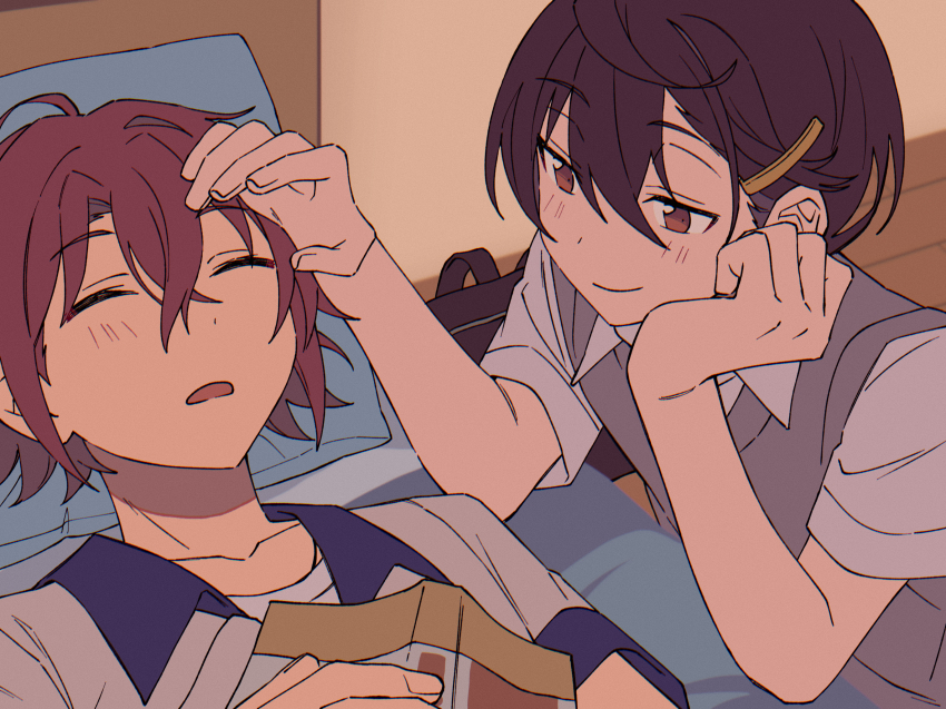 2boys adjusting_another&#039;s_hair against_bed alternate_hairstyle bag bedroom black_bag black_hair book cheek_rest closed_mouth collared_shirt elbow_rest ensemble_stars! facing_ahead grey_sweater_vest hair_behind_ear hair_between_eyes hair_down hair_ornament hairpin hand_on_own_cheek hand_on_own_face hand_up hands_on_own_chest hands_up head_on_pillow highres implied_yaoi indoors isara_mao light_smile looking_at_another lying male_focus multiple_boys niyororinpayamaru on_back on_bed open_book parted_lips pillow red_eyes red_hair sakuma_ritsu shirt sleeping sweater_vest unworn_bag white_shirt wing_collar