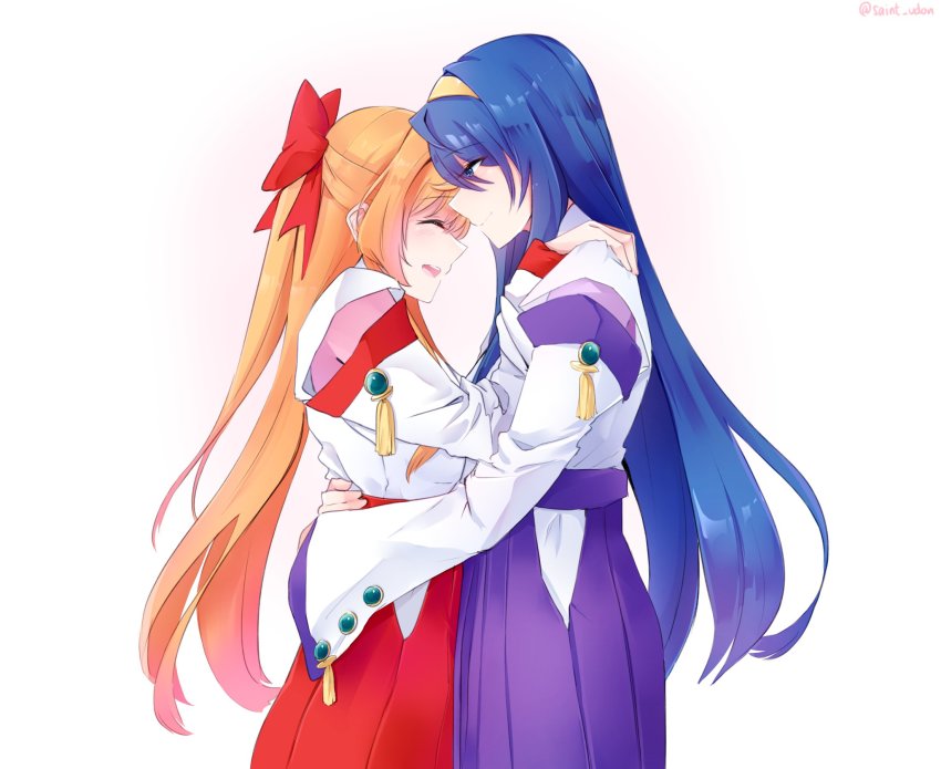 2girls blonde_hair blue_eyes blue_hair bow closed_mouth couple closed_eyes from_side hair_bow hairband hakama hakama_skirt half_updo happy highres himemiya_chikane japanese_clothes kannazuki_no_miko kurusugawa_himeko long_hair miko multiple_girls nontraditional_miko profile purple_hakama red_bow red_hakama skirt smile udon-udon very_long_hair white_background yellow_hairband yuri