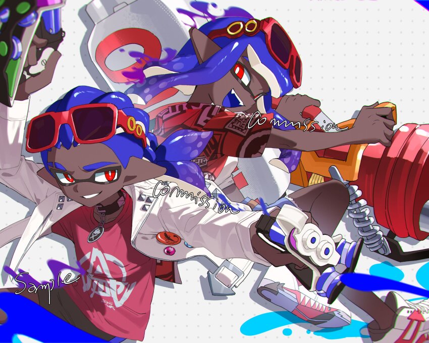 1boy 1girl badge black_shorts blue_hair blue_shorts button_badge commission dark-skinned_female dark_skin dual_wielding eyebrow_cut eyewear_on_head fangs highres holding holding_weapon hydra_splatling_(splatoon) inkling_boy inkling_girl inkling_player_character jacket long_sleeves looking_at_viewer namazuoku nintendo open_clothes open_jacket open_mouth pointy_ears purple_hair red-framed_eyewear red_eyes red_shirt sample_watermark shirt shoes short_sleeves shorts simple_background sneakers splat_dualies_(splatoon) splatoon_(series) sunglasses tentacle_hair watermark weapon white_jacket