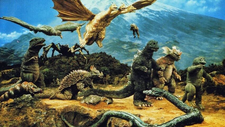 alien anguirus baragon_(godzilla) beak boulder bug caterpillar destroy_all_monsters dinosaur dragon eastern_dragon extra_tails flying forest giant giant_monster godzilla godzilla_(series) gorosaurus horns hydra kaiju king_ghidorah kumonga larva manda_(godzilla) minilla monster mothra mount_fuji mountain multiple_boys multiple_girls multiple_heads mutant nature no_humans pteranodon pterosaur rodan sea_monster sea_serpent space_monster spider toho varan