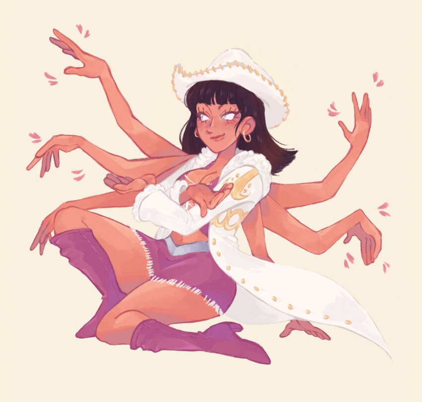 1girl black_hair blunt_bangs boots coat commentary cowboy_hat crossed_arms devil_fruit_power earrings english_commentary extra_arms eyelashes full_body hana_hana_no_mi hat highres jewelry looking_to_the_side medium_hair nico_robin nico_robin_(alabasta) one_piece peqchesss petals purple_boots purple_skirt simple_background skirt smile solo white_background white_coat white_hat