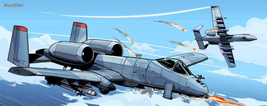 a-10_thunderbolt_ii aircraft airplane artist_name cloud endjfcar firing flying gatling_gun jet_engine jet_stream military military_aircraft minigun missile motion_lines muzzle_flash no_humans original sky water wings