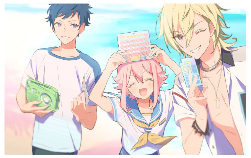 3boys :d ^_^ arms_up beach blonde_hair blue_hair blurry bracelet closed_eyes dark_blue_hair day depth_of_field ensemble_stars! facing_viewer fushimi_yuzuru grin hakaze_kaoru hand_up height_difference highres himemiya_tori himemiya_tori_(soft_drink_cm) holding holding_paper jacket jewelry looking_at_another looking_at_viewer male_focus multiple_boys multiple_bracelets necklace open_clothes open_jacket open_mouth outdoors paper pectoral_cleavage pectorals pink_hair radio rice_(rice8p) sailor_collar sailor_shirt shirt shore short_sleeves sideways_glance smile standing t-shirt white_shirt