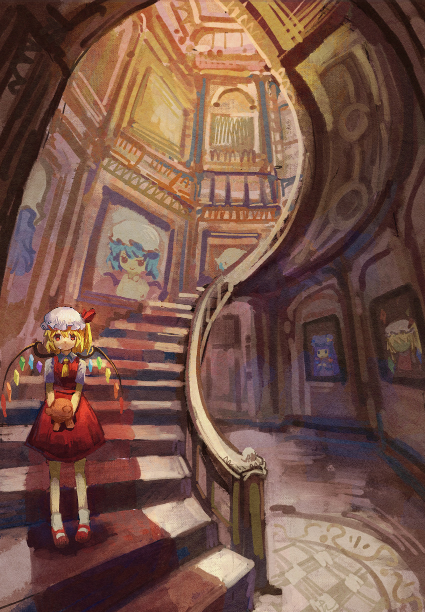 1girl ascot blonde_hair flandre_scarlet ge_dazuo hat highres holding holding_stuffed_toy indoors looking_at_viewer mary_janes medium_hair mob_cap patchouli_knowledge red_eyes red_shoes red_skirt red_vest remilia_scarlet revision scarlet_devil_mansion shoes short_sleeves skirt socks solo stairs standing stuffed_animal stuffed_toy teddy_bear touhou vest white_hat white_socks wide_shot wings yellow_ascot