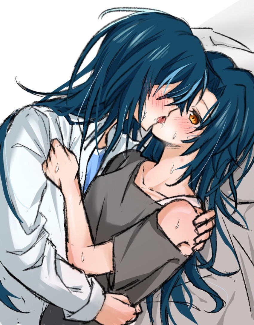 2girls ausa_lshadow blue_hair blush chinese_commentary commentary_request french_kiss grey_shirt hand_on_another&#039;s_shoulder highres kiss long_sleeves mole mole_under_eye multiple_girls off-shoulder_shirt off_shoulder orange_eyes original saliva shirt short_sleeves sweat tongue tongue_out white_background white_shirt yuri