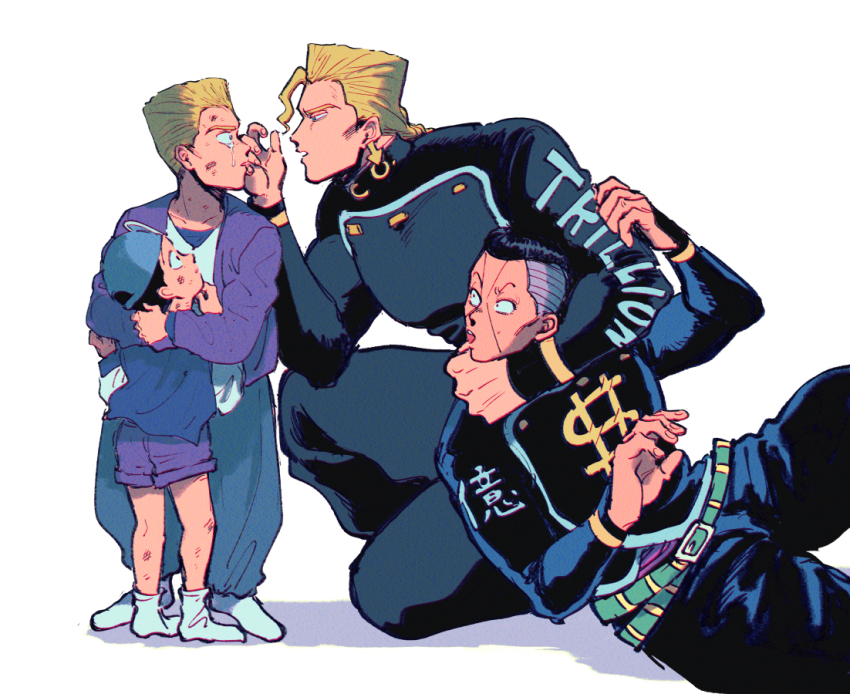 2boys arrow_earrings black_hair blonde_hair child commentary diamond_wa_kudakenai dollar_sign flattop hat jojo_no_kimyou_na_bouken kira_yoshikage long_hair multiple_boys nijimura_okuyasu oniyama831 school_uniform tears