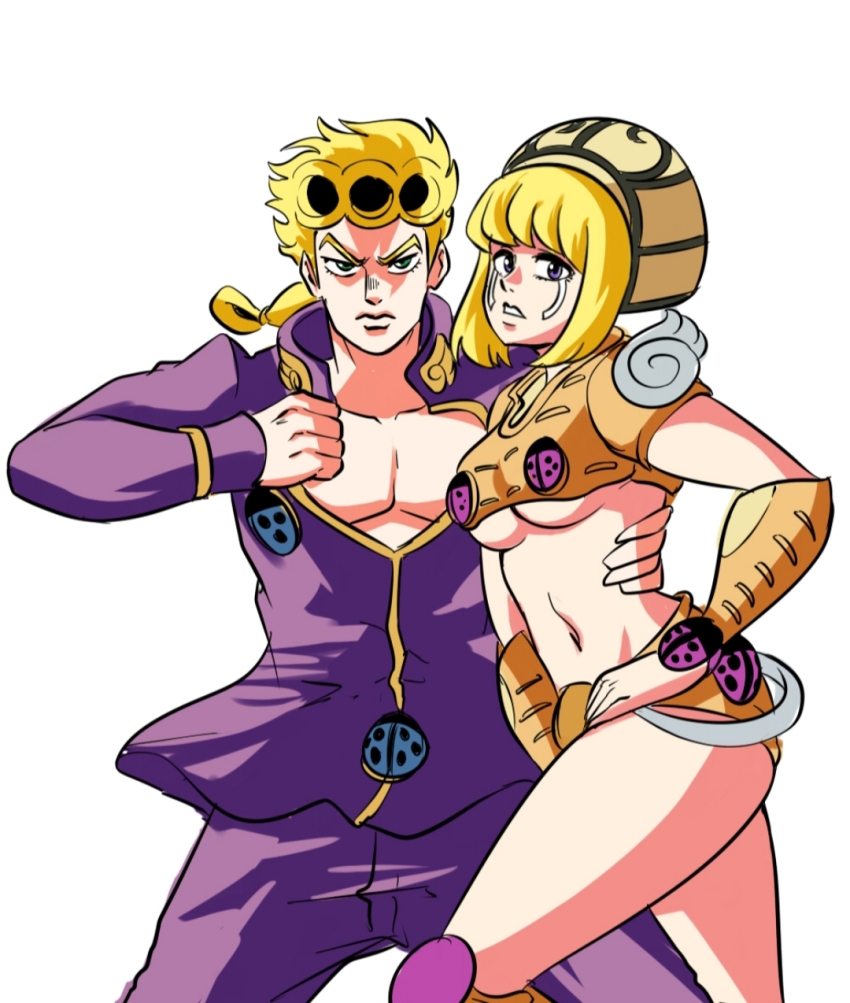 1boy 1girl blonde_hair breasts genderswap giorno_giovanna gold_experience highres jojo_no_kimyou_na_bouken looking_at_viewer purple_eyes purple_eyes_female shounen_jump stand_(jojo) tinafate1 vento_aureo white_background
