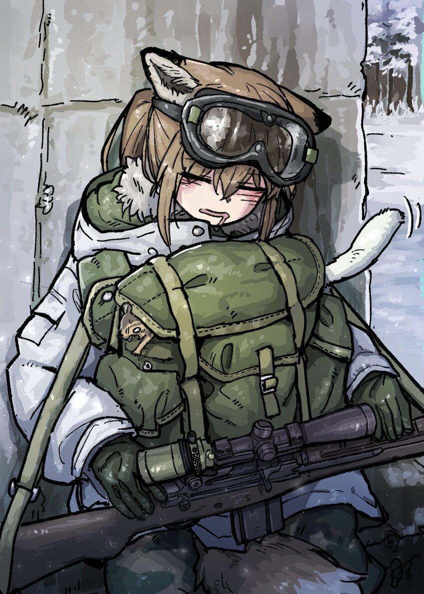 1girl absurdres animal animal_ears bag between_legs brown_hair camouflage closed_eyes commentary drooling english_commentary fox_ears fox_girl fox_girl_(yihan_world) fox_tail goggles goggles_on_head gun highres hood hooded_jacket jacket long_sleeves mouth_drool open_mouth original parka ponytail sitting sleeping soldier solo tail tail_between_legs weapon weasel yihan_world