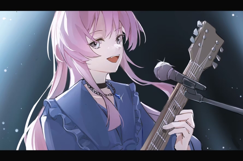 1girl :d bang_dream! bang_dream!_it&#039;s_mygo!!!!! black_choker blue_gemstone blue_jacket chain chain_necklace chihaya_anon chinese_commentary choker commentary_request fang frilled_jacket frills gem glint grey_eyes guitar hand_up highres holding holding_guitar holding_instrument instrument jacket jewelry letterboxed light_particles long_hair long_sidelocks long_sleeves looking_at_viewer microphone microphone_stand monnku necklace open_mouth pendant pink_hair sidelocks smile solo teeth upper_body upper_teeth_only
