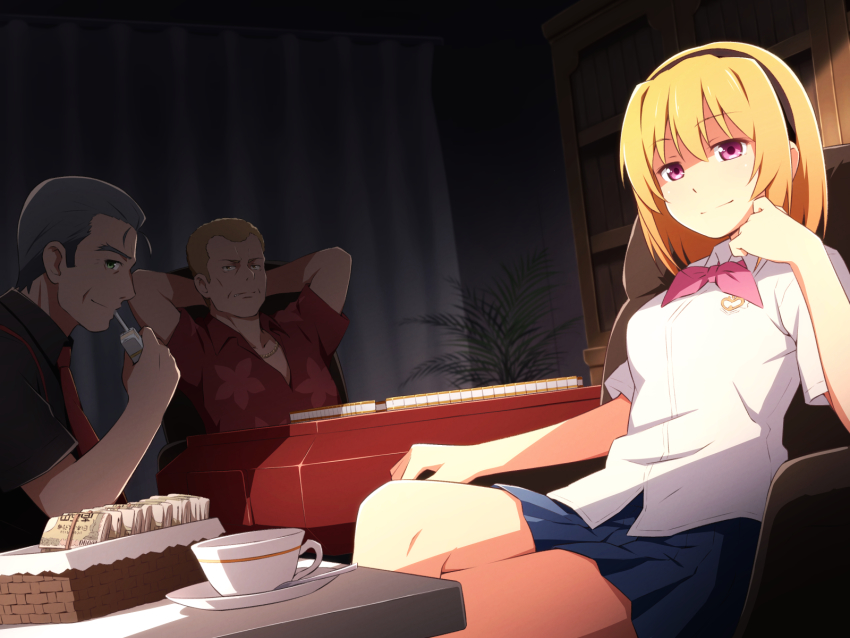 1girl 2boys aged_up arms_up black_hairband black_shirt blonde_hair blue_skirt breasts collared_shirt commentary_request crossed_legs cup green_eyes grey_hair hairband highres higurashi_no_naku_koro_ni higurashi_no_naku_koro_ni_gou houjou_satoko houjou_teppei juice_box looking_at_viewer mahjong mashita_(candy_apricot) medium_breasts multiple_boys necktie ooishi_kuraudo pleated_skirt purple_eyes red_necktie red_shirt school_uniform shirt short_hair short_sleeves sitting skirt st._lucia_academy_school_uniform teacup white_shirt