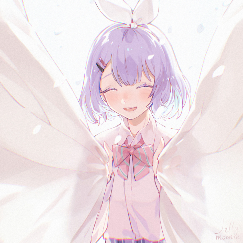 ^_^ blush bow bowtie closed_eyes collared_shirt curtains hair_ribbon highres holding moonie nijisanji nijisanji_kr nun_bora nun_bora_(2nd_costume) open_mouth pink_bow pink_bowtie pink_shirt purple_hair ribbon school_uniform shirt shirt_tucked_in short_hair smile solo virtual_youtuber white_ribbon