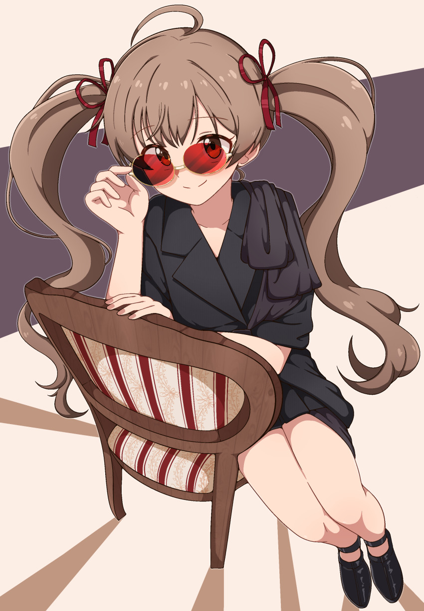 1girl absurdres adjusting_eyewear ahoge black_jacket black_shoes brown_eyes brown_hair closed_mouth collarbone collared_jacket dot_nose eyelashes from_above full_body hair_ribbon hakozaki_serika highres idolmaster idolmaster_million_live! idolmaster_million_live!_theater_days jacket light_smile long_hair looking_at_viewer milliani on_chair red-tinted_eyewear red_ribbon ribbon shoes sidelocks simple_background sitting solo sunglasses tinted_eyewear twintails very_long_hair wavy_hair