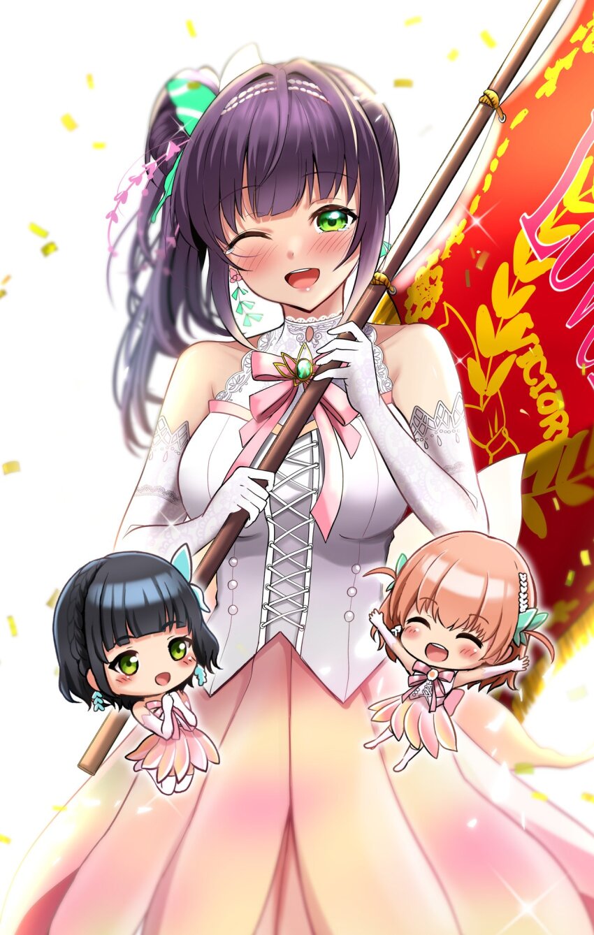 3girls ;d armpit_crease aurora_flower_(love_live!) bare_shoulders bead_hairband blunt_bangs blush braid breasts butterfly_hair_ornament cerise_bouquet chibi chibi_inset collarbone commentary_request cowboy_shot cross-laced_clothes cross-laced_top earrings elbow_gloves flag flower_earrings gloves green_eyes hair_bun hair_intakes hair_ornament hairband highres hinoshita_kaho holding holding_flag jewelry large_breasts link!_like!_love_live! long_hair looking_at_viewer love_live! love_live!_victory_flag medium_hair momose_ginko multiple_girls neck_ribbon one_eye_closed open_mouth orange_hair orange_skirt otomune_kozue pink_ribbon purple_hair ribbon ryopa shirt short_hair side_braid sidelocks simple_background single_side_bun skirt sleeveless sleeveless_shirt smile thighhighs two_side_up victory virtual_youtuber white_background white_gloves white_hairband white_shirt white_thighhighs
