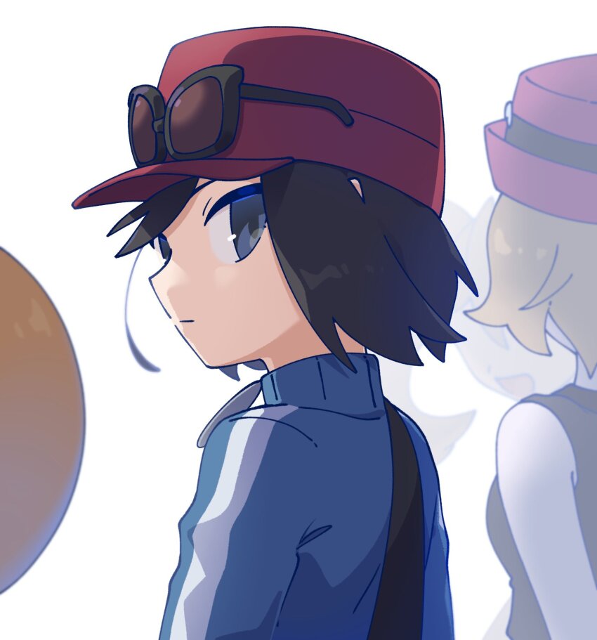 2boys 2girls :| black-framed_eyewear black_hair blue_eyes blue_jacket calem_(pokemon) closed_mouth eyewear_on_headwear hat highres jacket multiple_boys multiple_girls nintendo omochi_(omotimotittona3) pokemon pokemon_xy red_hat serena_(pokemon) shauna_(pokemon) short_hair simple_background solo_focus trevor_(pokemon) turtleneck turtleneck_jacket white_background