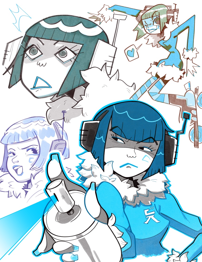 1girl 2024 absurdres bis_(jsr) blue_hair blue_lips cyber_fashion fur_collar fur_dress fur_sleeves fur_trim highres jet_set_radio matthew-benham one_eye_closed pantyhose roller_skates simple_background skates spray_can spray_paint