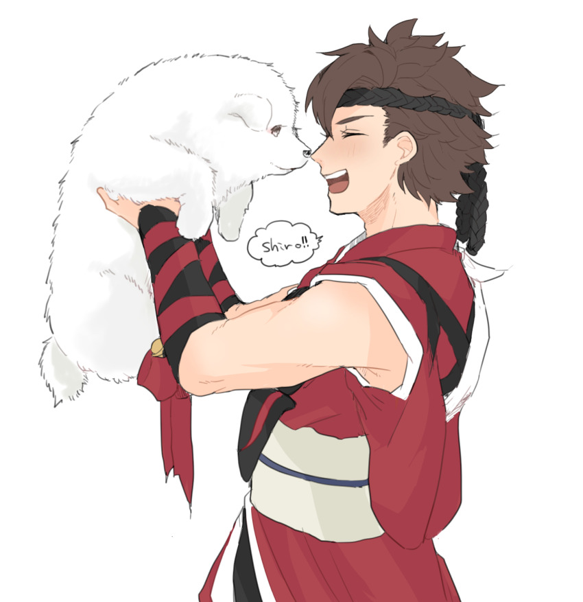 1boy 1other animal brown_hair closed_eyes dog fire_emblem fire_emblem_fates headband highres holding holding_animal holding_dog japanese_clothes matumuraaaa nintendo open_mouth shiro_(fire_emblem) smile teeth upper_teeth_only white_fur