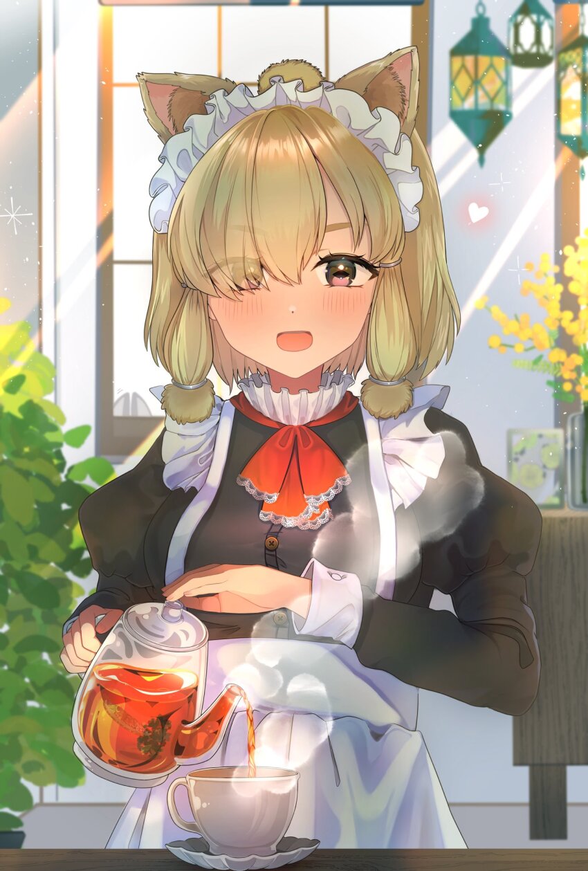 1girl alpaca_ears alpaca_girl alpaca_suri_(kemono_friends) alternate_costume alternate_eye_color ancolatte_(onikuanco) animal_ears apron black_dress blush bow bowtie brown_eyes collar cowboy_shot cup dress enmaided frilled_collar frills hair_bun hair_over_one_eye hair_tubes heart highres holding holding_teapot juliet_sleeves kemono_friends long_sleeves looking_at_viewer maid maid_headdress open_mouth pouring puffy_sleeves red_bow red_bowtie short_hair smile solo teacup teapot white_apron white_hair