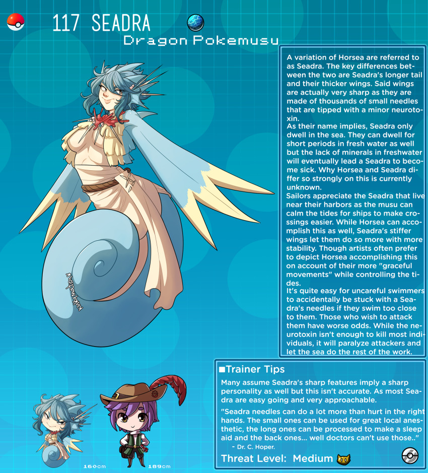 1boy 1girl blue_background breasts character_profile english_text fins gen_1_pokemon hat_feather head_fins highres kinkymation lips mermaid monster_girl nintendo no_arms personification pokemon seadra smile underboob