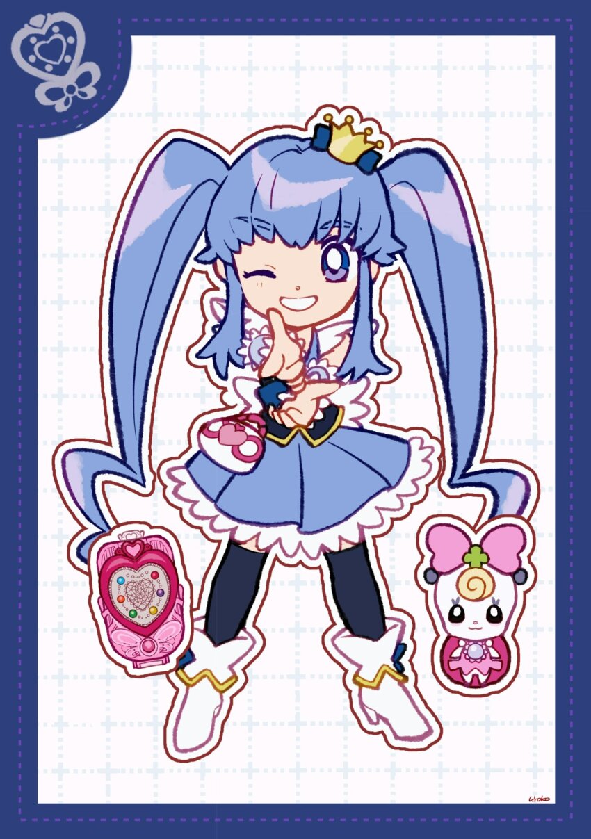 1girl back_bow black_thighhighs black_vest blue_border blue_bow blue_eyes blue_hair blue_skirt blue_wrist_cuffs boots border bow cellphone crown cure_princess deformed dot_nose dotted_line feather_sleeves finger_gun flip_phone footwear_bow frilled_skirt frilled_wrist_cuffs frills full_body gold_crown grid_background grin hair_bow happinesscharge_precure! happy high_heel_boots high_heels highres legs_apart light_blush long_hair looking_at_viewer magical_girl mini_crown miniskirt one_eye_closed outline own_hands_together phone pleated_skirt precure ribbon_(happinesscharge_precure!) shirayuki_hime short_sleeves sidelocks signature skirt smile standing straight-on tareme thighhighs twintails uwded_207 very_long_hair vest wavy_hair white_background white_bag white_boots white_bow white_outline white_sleeves wrist_cuffs