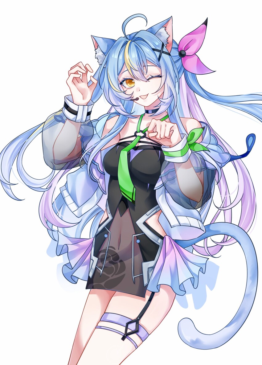 1girl absurdres ahoge animal_ear_fluff animal_ears animal_hands bare_shoulders blue_hair breasts cat_ears cat_girl cybermyth fluff godsoul gradient_hair hair_ornament highres multicolored_hair non-web_source orange_eyes purple_hair solo streaked_hair tail tongue x_hair_ornament
