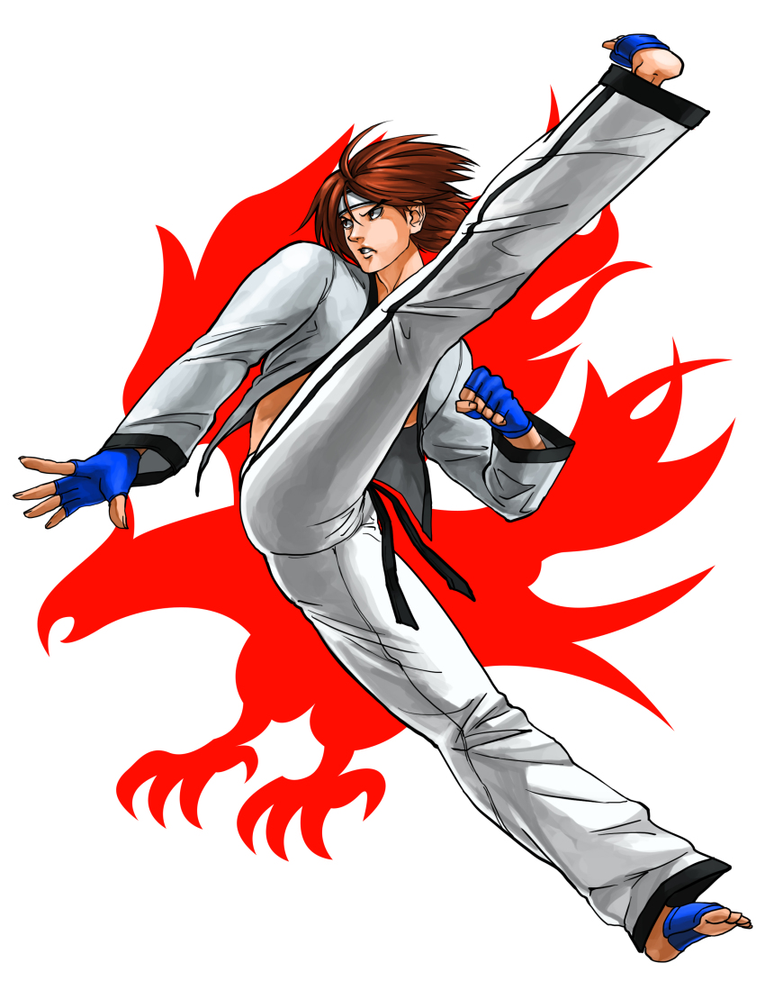 1boy absurdres dougi emblem fingerless_gloves food_fighter_441 gloves headband heel_drop highres hwoarang_(tekken) kicking male_focus red_hair short_hair solo taekwondo tekken toeless_legwear toes