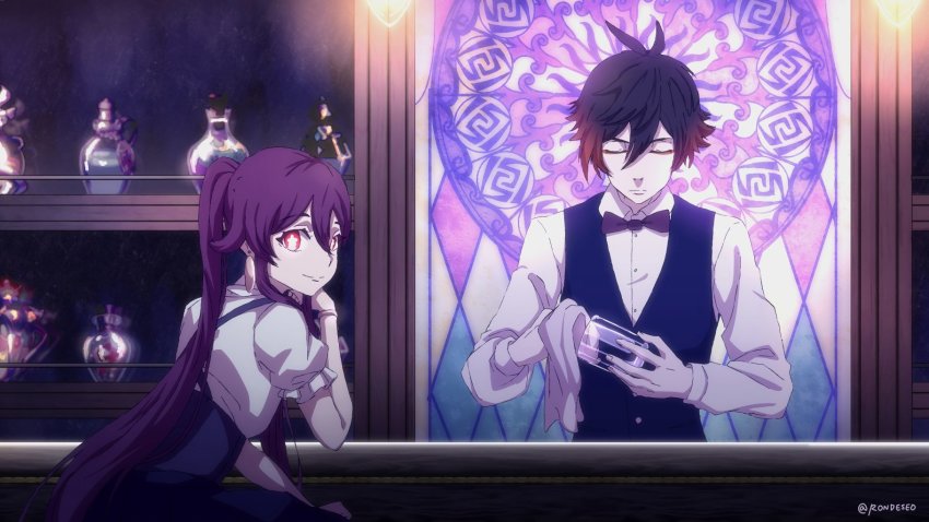 1boy 1girl :| ahoge alternate_costume back bar_(place) bartender black_hair bottle bow bowtie bracelet brown_hair closed_eyes closed_mouth collared_shirt colored_tips counter cup death_parade decim_(death_parade) drinking_glass earrings eyeliner eyeshadow flower-shaped_pupils genshin_impact glass gradient_hair hair_between_eyes hair_tie hand_on_own_chin hand_on_own_knee highres holding holding_cup hu_tao_(genshin_impact) indoors jacket jewelry light light_bulb long_hair long_sleeves looking_at_viewer looking_back makeup multicolored_hair mural nona_(death_parade) orange_hair ponytail red_eyes red_eyeshadow rune_(rondeseo) shelf shirt sidelocks signature smile star-shaped_pupils star_(symbol) symbol-shaped_pupils towel twitter_username very_long_hair white_shirt wine_bottle zhongli_(genshin_impact)