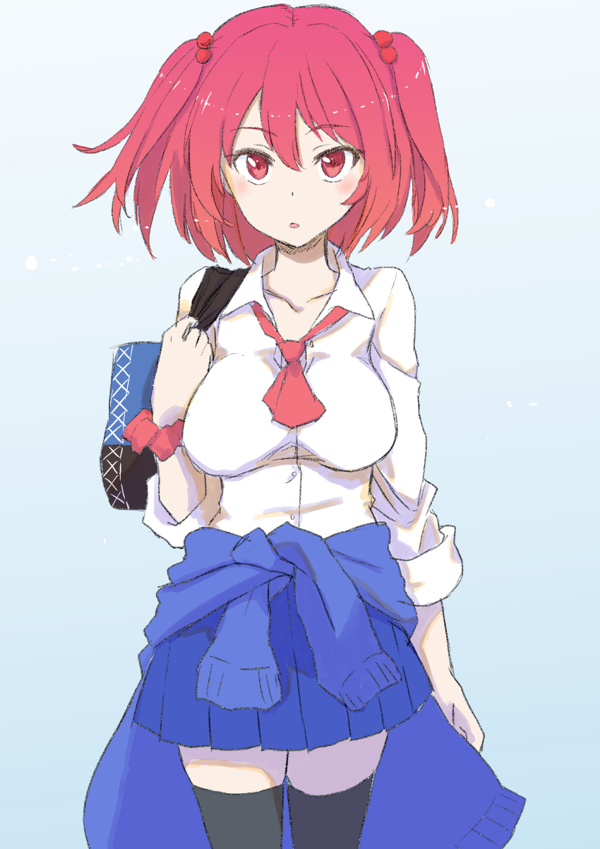 1girl absurdres alternate_costume ascot bag blue_background blue_skirt breasts clothes_around_waist commentary_request gradient_background hair_bobbles hair_ornament highres jack_(wkm74959) looking_at_viewer one-hour_drawing_challenge onozuka_komachi open_mouth red_ascot red_eyes red_hair school_uniform shirt short_hair skirt solo touhou two_side_up white_shirt