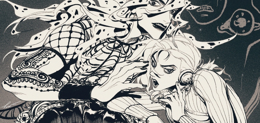 2boys black_lips black_nails buffoon commentary diavolo freckles greyscale highres holding holding_phone jojo_no_kimyou_na_bouken king_crimson_(stand) long_hair monochrome multiple_boys phone polka_dot_hair signature stand_(jojo) vento_aureo vinegar_doppio