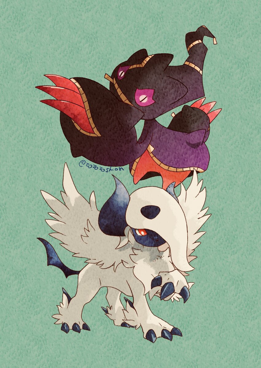 absol absurdres banette claws gen_3_pokemon green_background highres horns mega_absol mega_banette mega_pokemon nintendo no_humans pink_eyes pokemon pokemon_(creature) red_eyes slit_pupils smile white_hair wings zipper zozozoshion