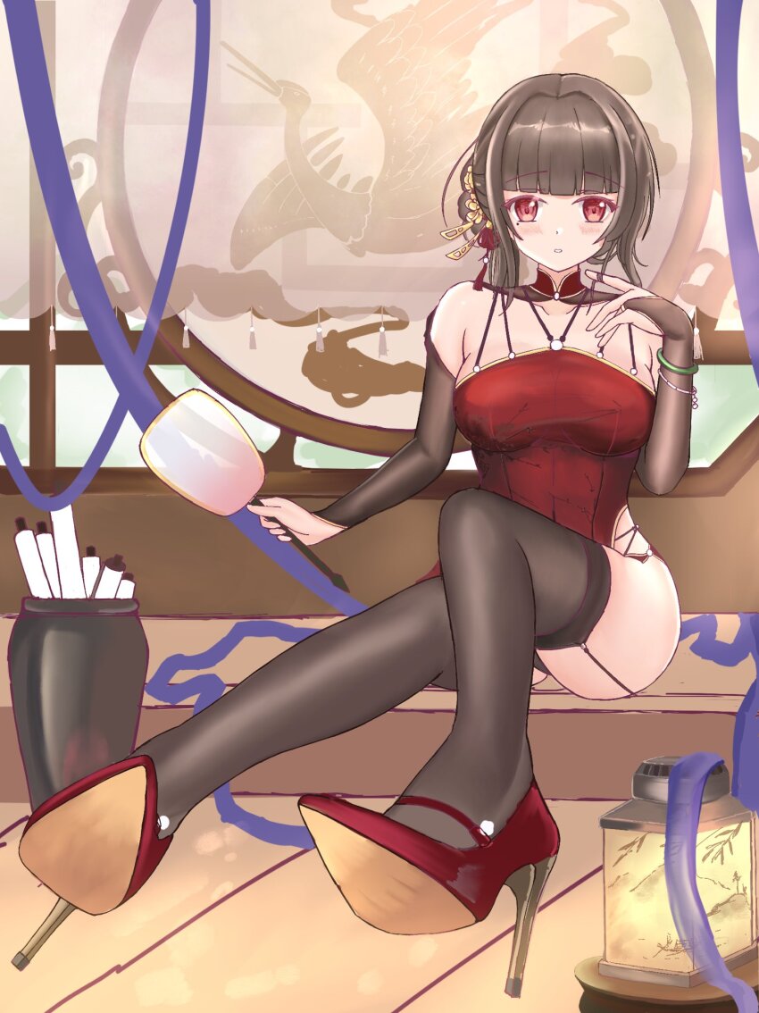 1girl black_hair black_thighhighs blunt_bangs breasts bridal_gauntlets china_dress chinese_clothes dress elbow_gloves garter_straps gloves hair_ornament high_heels highres holding kallen_ayase lamp looking_at_viewer official_alternate_costume pumps red_dress red_eyes red_shoes scroll shoes sitting solo stiletto_heels thighhighs tuanshan vase warship_girls_r yat_sen_(warship_girls_r)