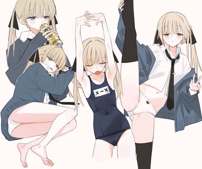 1girl armpits arms_up ass bare_arms bare_legs barefoot black_necktie black_ribbon black_thighhighs blonde_hair blue_cardigan blue_eyes blue_one-piece_swimsuit blush_stickers can cardigan closed_eyes closed_mouth collared_shirt covered_navel cropped_legs dress_shirt drinking energy_drink feet flat_chest hair_ribbon highres holding holding_can interlocked_fingers long_sleeves looking_at_viewer lying monster_energy multiple_views navel necktie no_pants off_shoulder old_school_swimsuit on_side one-piece_swimsuit open_cardigan open_clothes open_mouth original own_hands_together panties planbi ribbon school_swimsuit shirt simple_background sleeves_past_wrists soles split standing standing_on_one_leg standing_split stretching sweat swimsuit thighhighs tie_clip toes twintails underwear w white_background white_panties white_shirt