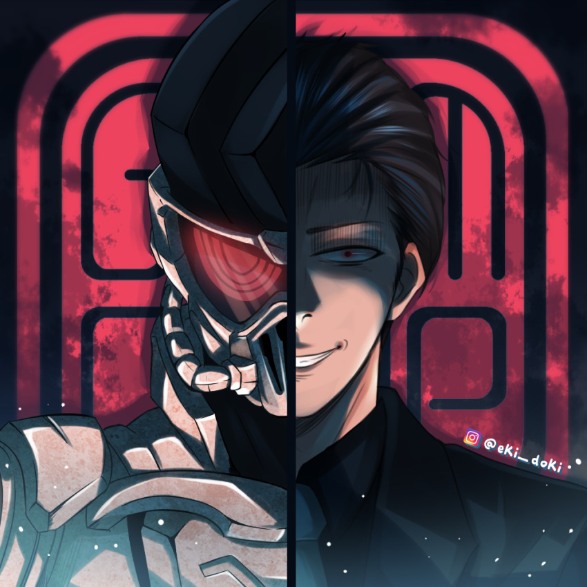 1boy absurdres armor black_hair black_jacket black_shirt company_name dan_kuroto dangerous_zombie_level_x eki_doki evil_grin evil_smile gas_mask glowing glowing_eyes grin hair_slicked_back highres instagram_logo instagram_username jacket kamen_rider kamen_rider_ex-aid_(series) kamen_rider_genm looking_at_viewer male_focus mask necktie red_eyes shirt smile split upper_body white_armor