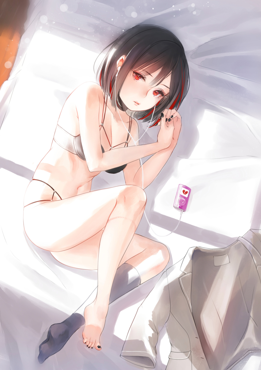 1girl absurdres bang_dream! black_bra black_hair black_nails black_socks bra breasts broken_heart cleavage commentary_request digital_media_player earphones eden_(edensong22) eyelashes female_focus full_body grey_shirt heart highres ipod ipod_nano ipod_nano_5g kneehighs lips looking_at_viewer lying medium_breasts mitake_ran multi-strapped_bra multi-strapped_panties multicolored_hair nail_polish navel on_bed on_side panties red_eyes red_hair school_uniform shirt short_hair single_kneehigh single_sock socks solo streaked_hair toenail_polish toenails toes underwear underwear_only unworn_shirt white_panties