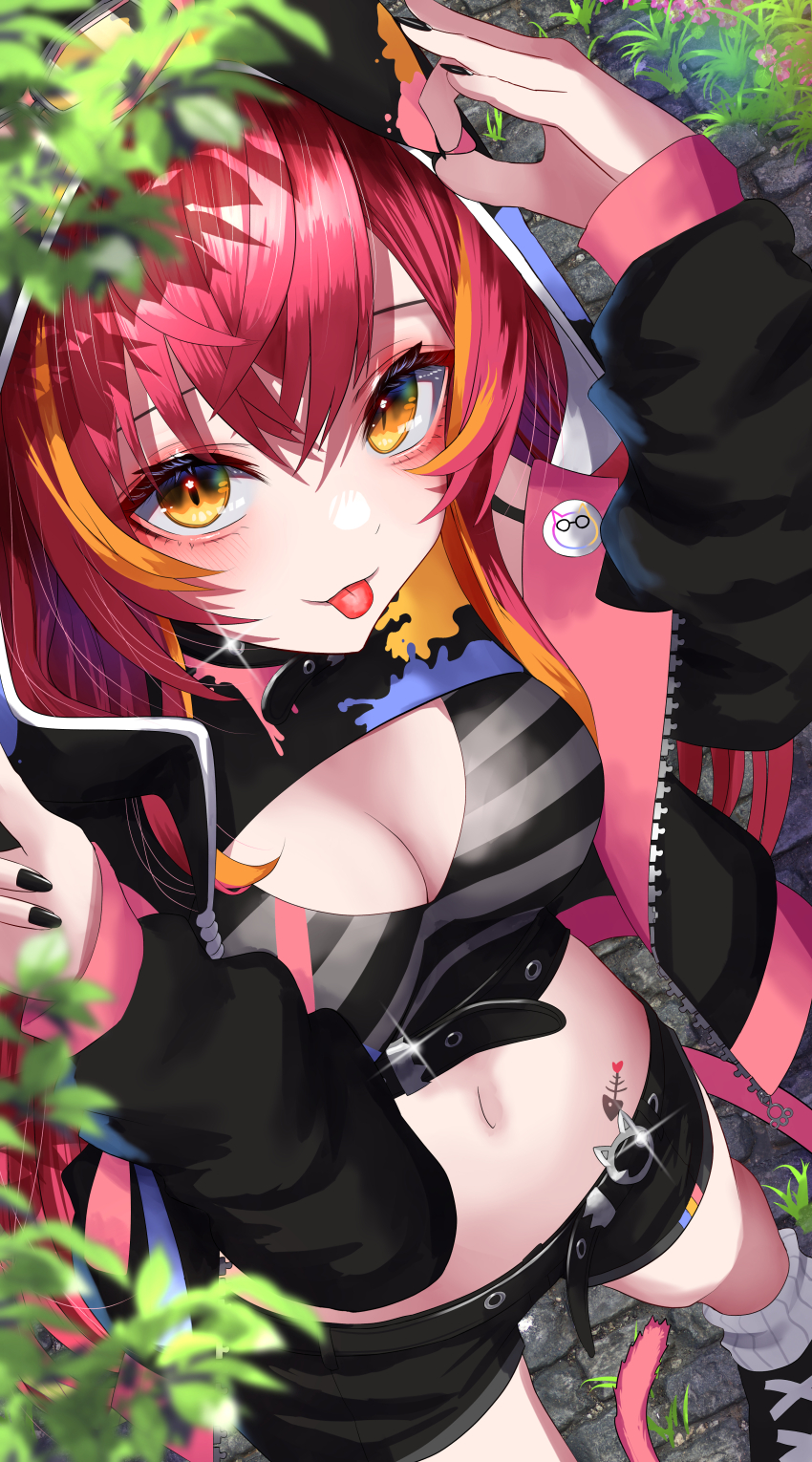 1girl absurdres animal_ears loose_socks belt black_belt black_collar black_hoodie black_nails black_shorts black_shrug blush breasts cat_ears cat_girl cat_tail cleavage cleavage_cutout clothing_cutout collar fish_skeleton highres hood hoodie jacket large_breasts long_hair long_sleeves looking_at_viewer loose_socks midriff multicolored_hair nail_polish navel nekota_tsuna open_mouth orange_eyes orange_hair outdoors pink_hoodie red_hair shorts shrug_(clothing) socks solo streaked_hair striped_clothes tail tattoo tongue tongue_out two-tone_hoodie virtual_youtuber vspo! yusuke_(shiota)