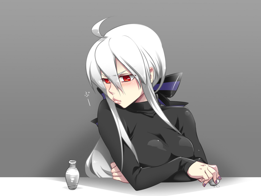 1girl alcohol breasts caffein female_focus highres lips long_hair nail_polish ponytail pout purple_nails red_eyes ribbon sake silver_hair solo vocaloid yowane_haku