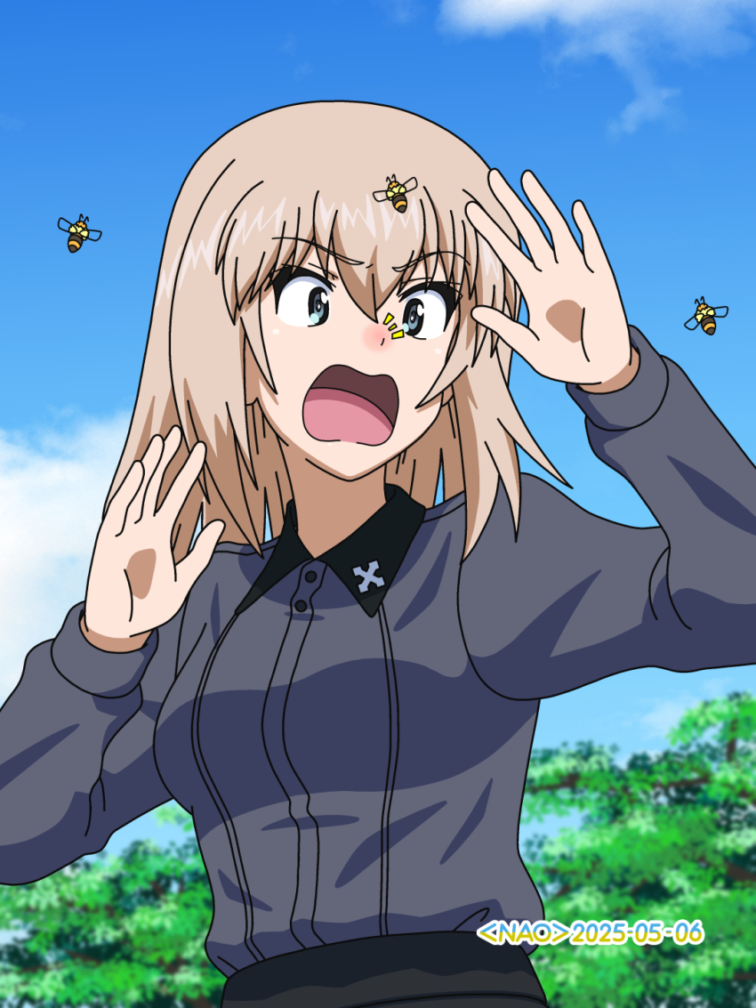 1girl bee blonde_hair blue_eyes blush breasts bug dated girls_und_panzer highres insect itsumi_erika kuromorimine_military_uniform long_hair military_uniform naotosi outdoors signature sky small_breasts solo