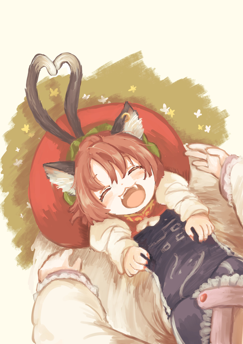 2girls :d absurdres animal_ear_fluff animal_ear_piercing animal_ears arms_up blue_tabard blush brown_hair buchi_ooo cat_ears cat_tail chen closed_eyes commentary_request dot_nose dress earrings fangs from_above hair_between_eyes happy hat heart heart_tail highres jewelry long_sleeves mob_cap multiple_girls multiple_tails open_mouth pov red_dress short_hair single_earring smile solo_focus tabard tail touhou two_tails yakumo_ran