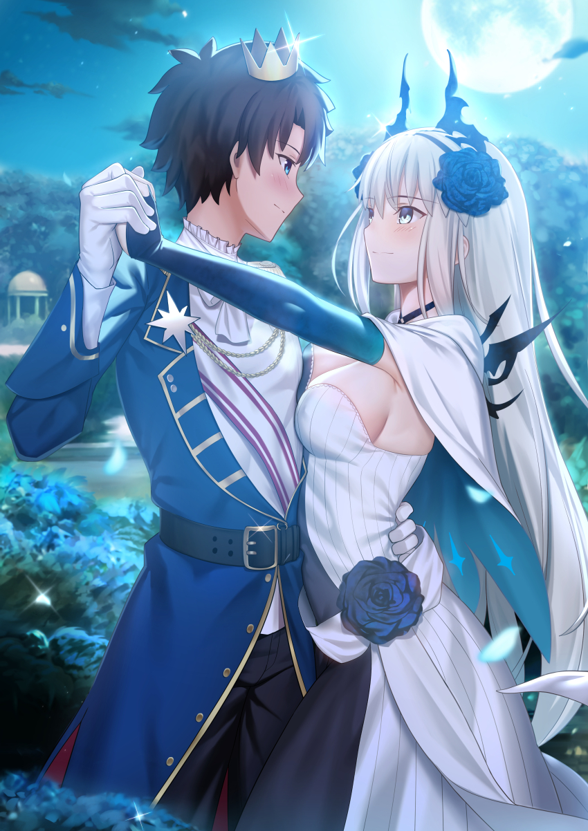 1boy 1girl absurdres aiguillette besmiled black_hair blue_eyes blush crown dancing dress epaulettes fate/grand_order fate_(series) fujimaru_ritsuka_(male) fujimaru_ritsuka_(male)_(halloween_royalty) full_moon gloves highres long_hair long_sleeves mini_crown moon morgan_le_fay_(apex)_(fate) morgan_le_fay_(fate) night night_sky sky smile two-tone_dress