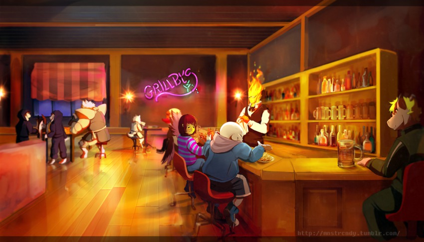 2boys alcohol androgynous armor axe bow bowtie brown_hair closed_eyes collared_shirt creature denim dog dogamy dogaressa elemental_(creature) fire food french_fries frisk_(undertale) glasses greater_dog grillby grin hood hoodie interior jazzycat jeans jitome ketchup_bottle lesser_dog monster multiple_boys napkin neon_lights pants reflection sans_(undertale) shirt shoes shorts skeleton smile sneakers striped_clothes striped_shirt undertale vest watermark weapon web_address