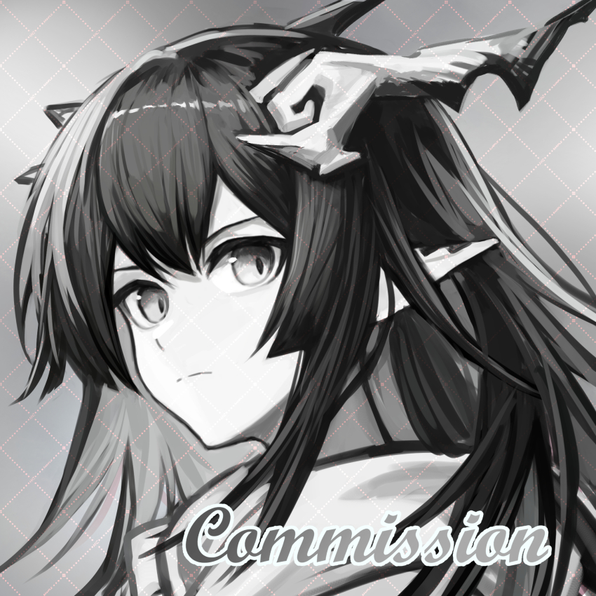 1girl colorless commission floating_hair greyscale high-waist_skirt highres horns long_hair monochrome mranz4869 nine_(arknights) portrait skirt slit_pupils