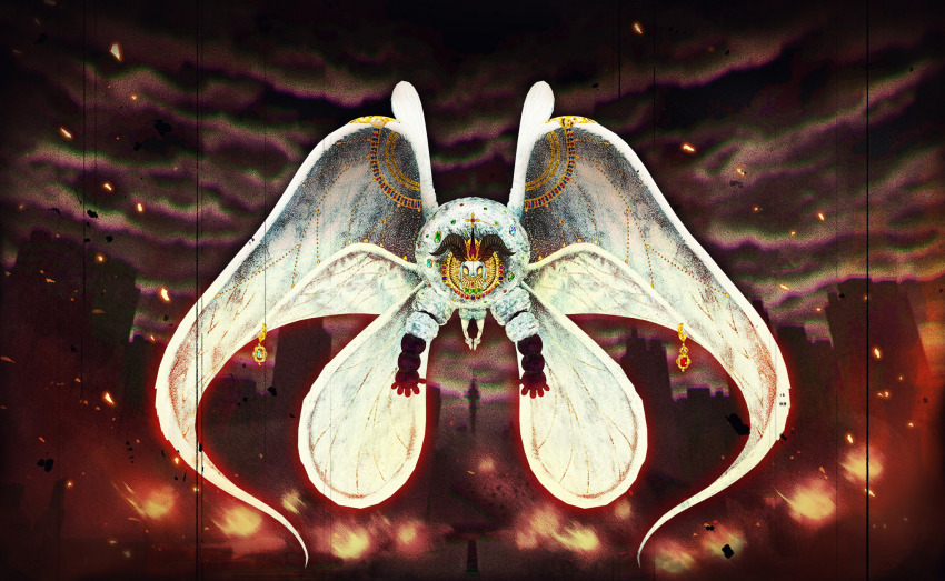 artist_request building city cloud cloudy_sky creature creature_focus debris embers film_grain fire goat_horns gold_necklace highres horns jewelry magia_record:_mahou_shoujo_madoka_magica_gaiden mahou_shoujo_madoka_magica mahou_shoujo_madoka_magica_magia_exedra necklace no_humans official_art outdoors oversized_wings radio_tower ruins shitori_egumo_(madoka_magica) sky skyscraper solo straight-on wings witch_(madoka_magica) yellow_eyes