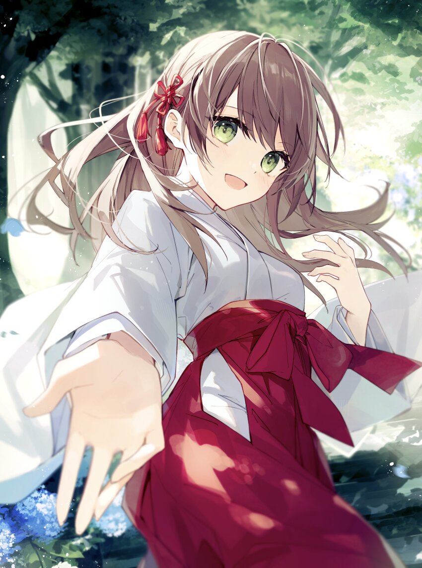 1girl :d absurdres blue_flower breasts brown_hair commentary_request day flower green_eyes hakama hakama_skirt hand_up highres hip_vent japanese_clothes kimono long_hair long_sleeves looking_at_viewer miko mochizuki_shiina open_mouth original outdoors red_hakama skirt small_breasts smile solo tree white_kimono wide_sleeves
