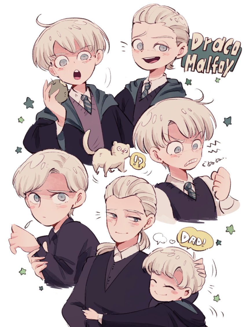 2boys aged_up amazou apple black_robe blonde_hair blue_eyes draco_malfoy father_and_son food fruit green_apple harry_potter_(series) harry_potter_and_the_cursed_child harry_potter_and_the_deathly_hallows harry_potter_and_the_philosopher&#039;s_stone highres hogwarts_school_uniform long_hair multiple_boys necktie ponytail robe school_uniform scorpius_malfoy short_hair slytherin striped_neckwear wizarding_world