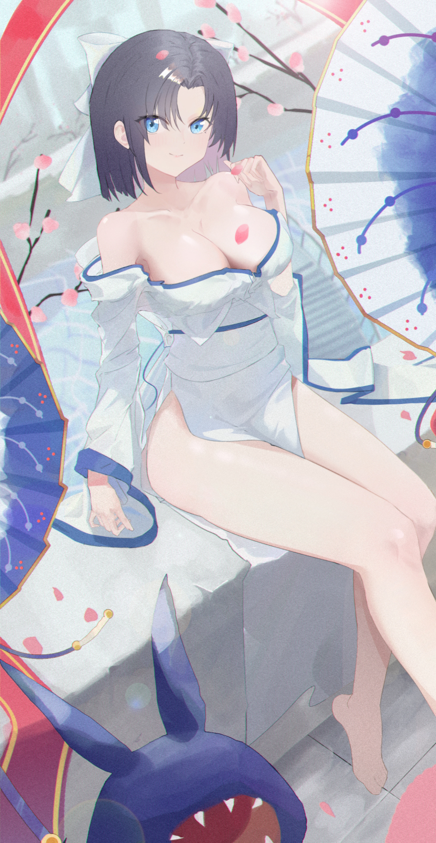 1girl absurdres armpits barefoot blue_eyes blush breasts brown_dust_(series) brown_dust_2 cherry_blossoms cleavage closed_mouth dress eyebrows_hidden_by_hair falling_petals grey_hair hair_ribbon highres large_breasts lips looking_at_viewer off-shoulder_dress off_shoulder petals ribbon senran_kagura sitting smile solo toes twing_glutti ulder white_dress white_ribbon yumi_(senran_kagura)