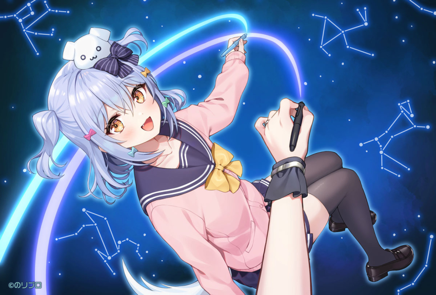 1boy 1other aqua_hair black_background black_ribbon black_shoes black_thighhighs blue_background blue_skirt canis_major_(constellation) constellation crossdressing crossdressing_(mtf) dog_boy dog_hair_ornament dog_tail hair_ornament hair_ribbon holding holding_stylus inuyama_tamaki inuyama_tamaki_(1st_costume) jacket leo_(constellation) lepus_(constellation) loafers male_focus miniskirt noripro official_art okanoyuno open_mouth pleated_skirt purple_jacket ribbon school_uniform serafuku shoes simple_background skirt solo star_(sky) stylus tail thighhighs trap ursa_major_(constellation) virtual_youtuber yellow_eyes yellow_ribbon