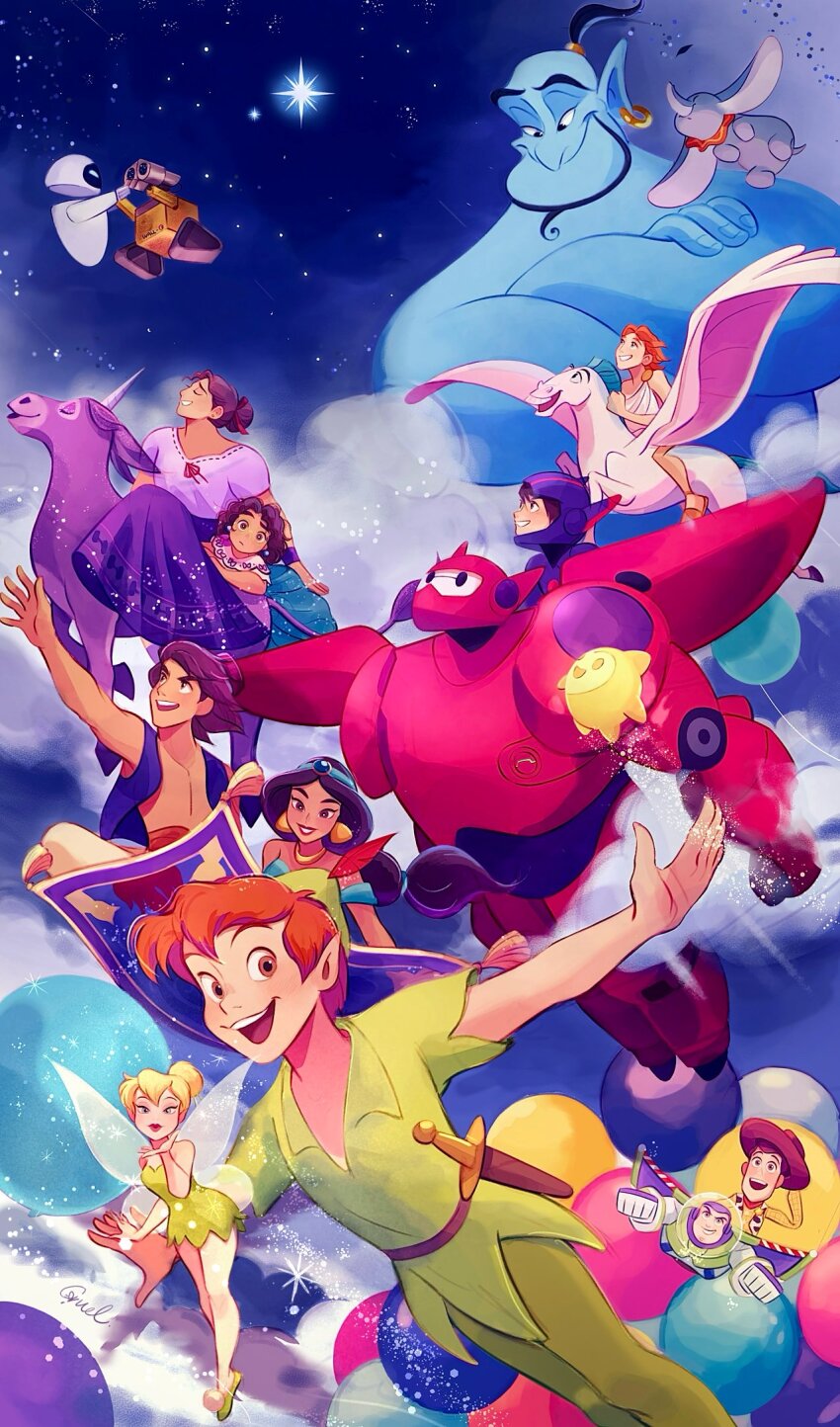 5girls 6+boys aladdin_(disney) aladdin_(movie) ancient_greek_clothes balloon baymax big_hero_6 black_hair blonde_hair blowing_kiss blue_eyes brown_eyes brown_hair buzz_lightyear cloud company_connection cowboy_hat crossed_arms curly_hair dark-skinned_female dark-skinned_male dark_skin disney donkey dress dumbo dumbo_(character) elephant encanto eve_(wall-e) fairy fairy_wings flying_animal genie genie_(aladdin) greco-roman_clothes green_dress green_footwear green_tunic hair_bun hat hercules_(1997_movie) hercules_(disney) highres hiro_hamada holding jasmine_(disney) long_hair long_sleeves looking_at_viewer luisa_madrigal magic_carpet melchencanto mini_person mirabel_madrigal multiple_boys multiple_girls muscular muscular_female open_mouth orange_hair outstretched_arms pegasus pegasus_(disney) pegasus_wings peter_pan_(character) pointy_ears robot sheriff_woody shirt short_hair single_hair_bun smile spread_arms star_(sky) star_(wish_(disney)) teeth tinker_bell_(disney) toy_story tunic unicorn_horn upper_teeth_only wall-e wall-e_(character) walt_disney&#039;s_peter_pan wings