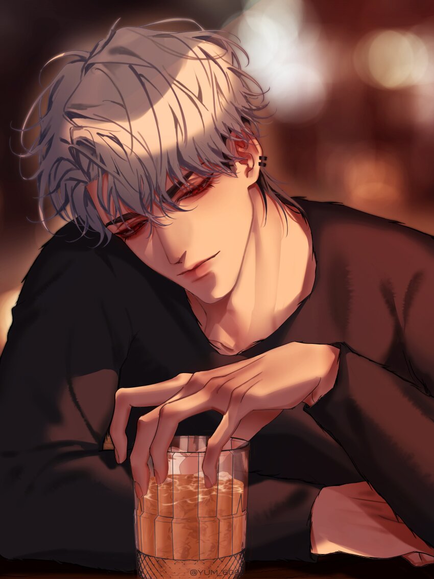 1boy absurdres arm_on_table black_hair black_shirt blurry blurry_background bokeh cup depth_of_field earrings eunho_(plave) hair_between_eyes hand_up head_tilt highres holding holding_cup jewelry k-pop korean_commentary long_sleeves looking_at_object medium_hair parted_bangs plave red_eyes shirt solo white_hair yum_606