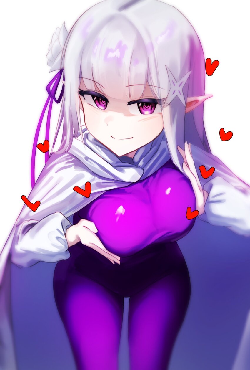 1girl blush bodysuit braid breasts cloak crown_braid elf emilia_(re:zero) flower grey_hair hair_flower hair_ornament hair_ribbon heart heart-shaped_pupils highres hood hooded_cloak long_hair looking_at_viewer medium_breasts pointy_ears purple_bodysuit purple_eyes re:zero_kara_hajimeru_isekai_seikatsu ribbon rose smile solo symbol-shaped_pupils white_cloak white_flower white_hair white_rose x_hair_ornament yolga0101